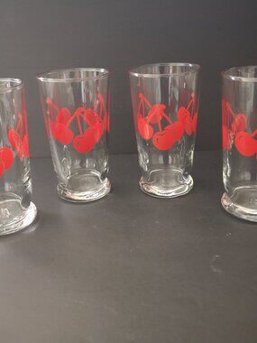 Vintage 4 - Anchor Hocking Red Cherries w/ Stems Footed Drinking Glasses 5" Tall